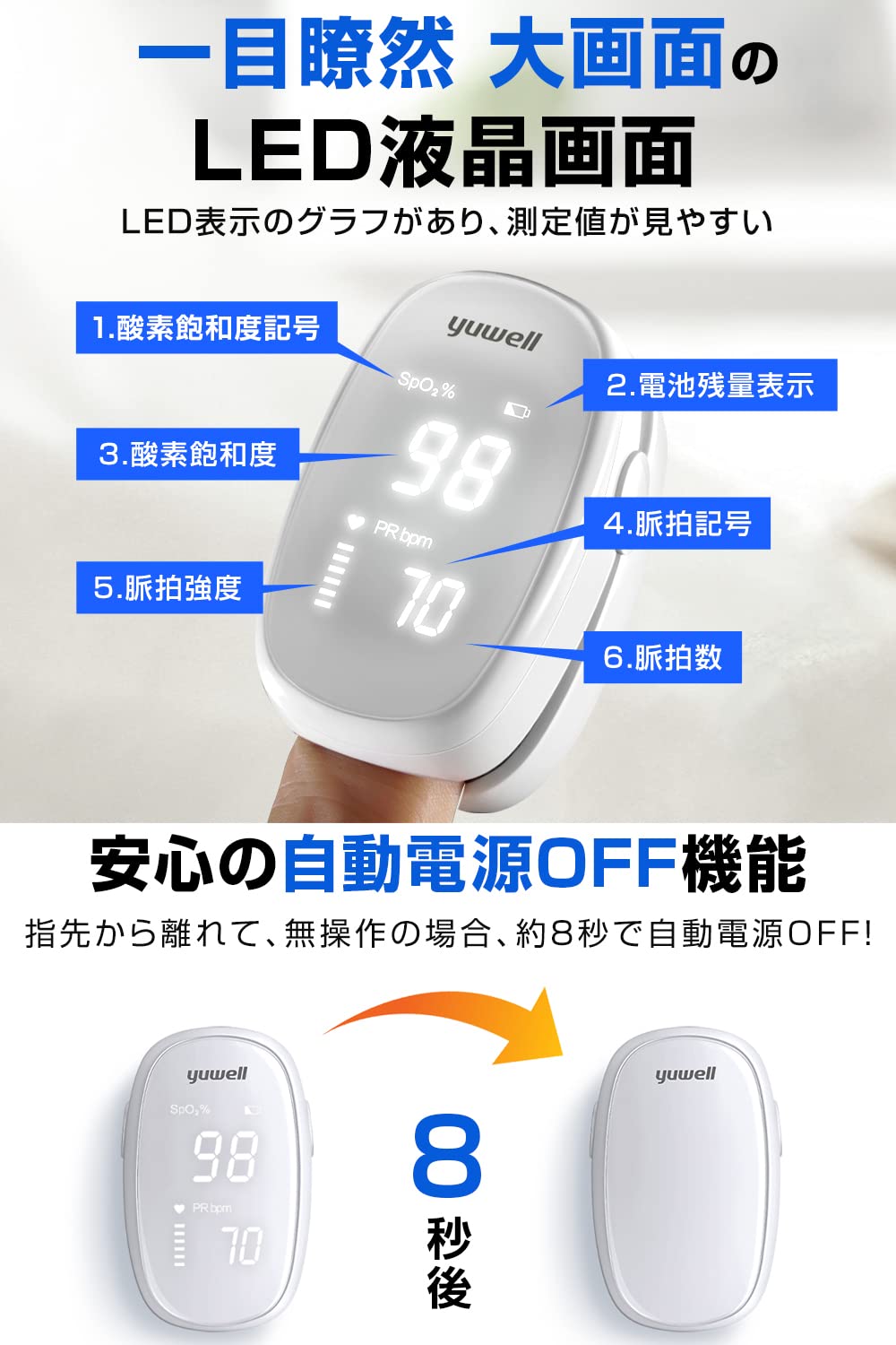 脉搏血氧仪(地方政府和都道府县政府采用)血氧浓度计,氧气浓度计,心率监测器,血氧饱和度/脉搏计,国内检验,最新家用,护理,高精度,易于操作,体积小,重量轻,便携,家用/登山,医疗器械认证,一年质保日文说明书医疗器械认证编号:304AFBZI00006000